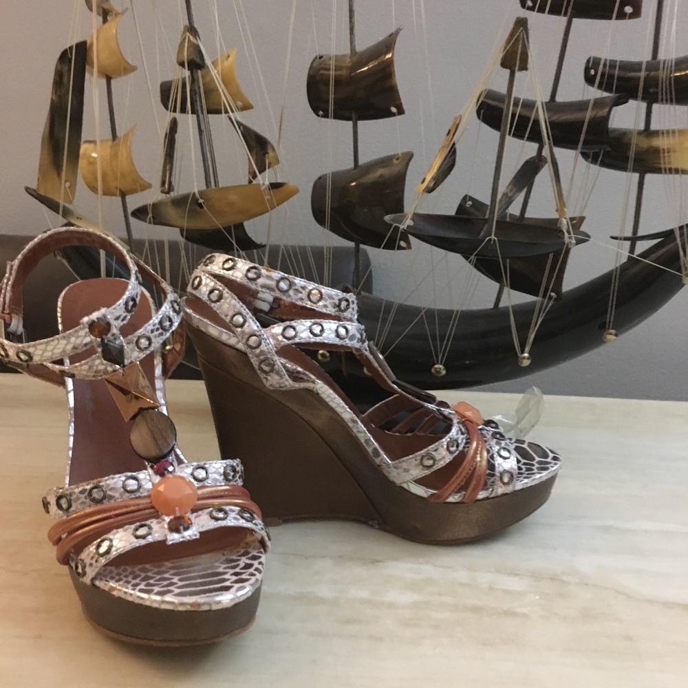 Brown and Gold Wedge Sandals